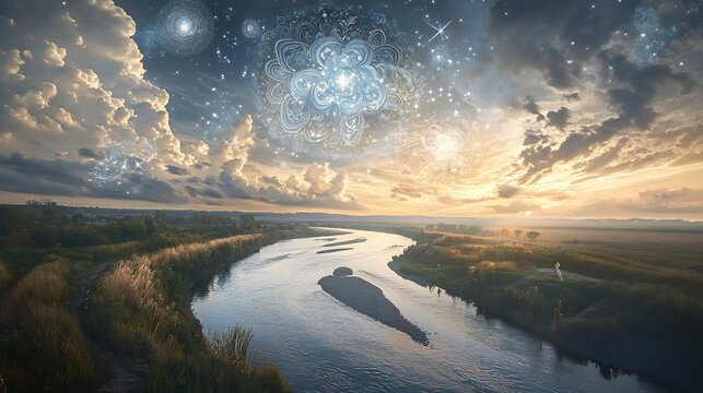 Sacred river flowing through holy landscape with divine miracles and celestial patterns in the sky