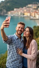 Naklejka premium A happy couple poses for a selfie, radiating love and joy against a picturesque seaside town. The vibrant blue water and charming buildings create a romantic atmosphere, highlighting their connection