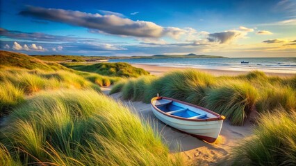 Minimalist Coastal Scene: Rhosneigr, Anglesey, Wales - Solitary Rowboat in Sand Dunes