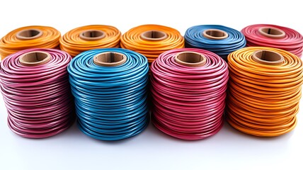 Colorful spools of cord, cable, or rope neatly arranged on white background.