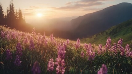 Sunlit meadow with purple lupine flowers and distant mountains