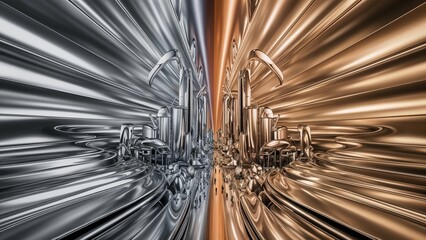 Obraz premium Futuristic metallic cityscape 3D render with sleek architecture on gradient silver to gold background