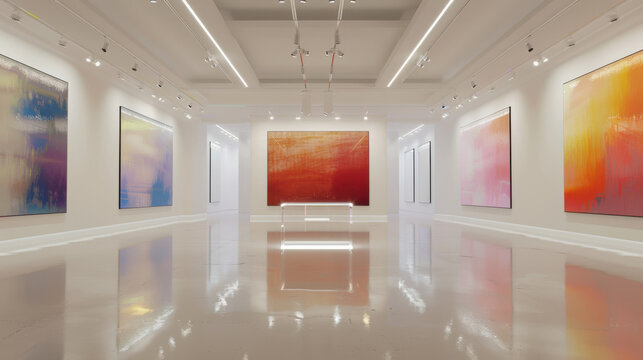Contemporary Glass Podium with Abstract Art Background, A crystal-clear glass podium glowing softly under gallery lights, surrounded by abstract artwork in a modern gallery setting.