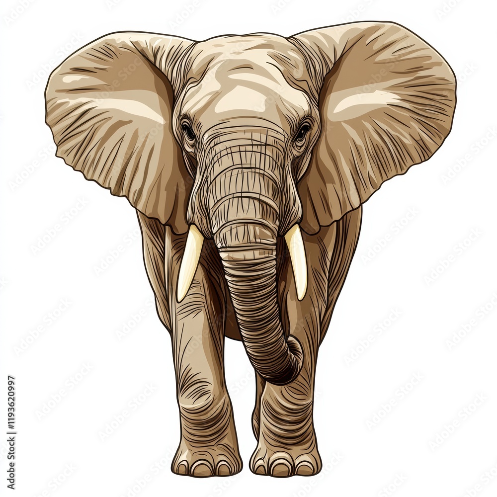 Poster Majestic elephant standing confidently with large ears and tusks in a vibrant natural setting during daylight hours. Generative AI
