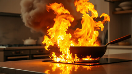 Fototapeta premium Kitchen fire emergency! A pan engulfed in flames on a stovetop. Smoke fills the air. Urgent situation.