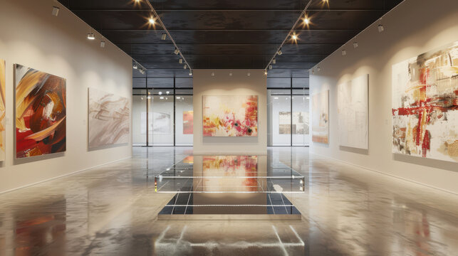 Crystal-Clear Glass Podium Glowing Under Gallery Lights, A sleek, glowing glass podium in a sophisticated art gallery surrounded by abstract paintings.