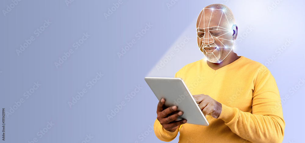 Poster A man with a thoughtful expression interacts with a tablet, utilizing facial recognition technology. The setting features a clean, isolated background with ample copy space, emphasizing the activity.