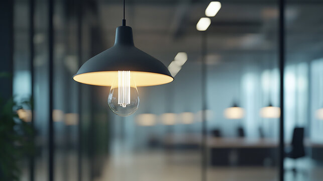 Light bulb hanging in corporate company business office interior, copy space. ceiling lamp illumination, electricity energy, building architecture.
