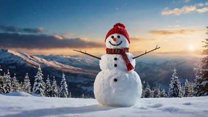Obraz premium Panoramic view of happy snowman in winter secenery with copy space, winter season, space for copy
