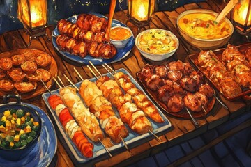 Deliciously Grilled Skewers and Mouthwatering Dishes Displayed on a Rustic Table Under Soft Lantern Light