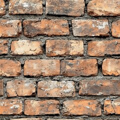 A realistic seamless texture of an aged red brick wall, featuring weathered bricks with varying...