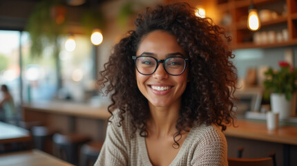 Obraz premium young woman in glasses with curly hair smiling in a vibrant café
