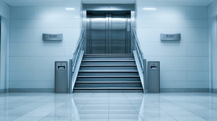 A stylish apartment entrance showcases sleek gray tiles, stairs leading to the elevator, and modern mailboxes for residents