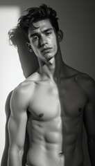 Naklejka premium This captivating black-and-white image features a young man with a chiseled physique, standing against a softly lit wall. The interplay of light and shadow accentuates his defined muscles and strong