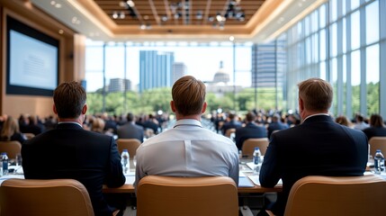 Fototapeta premium Three men sit in a conference room, listening to a presentation
