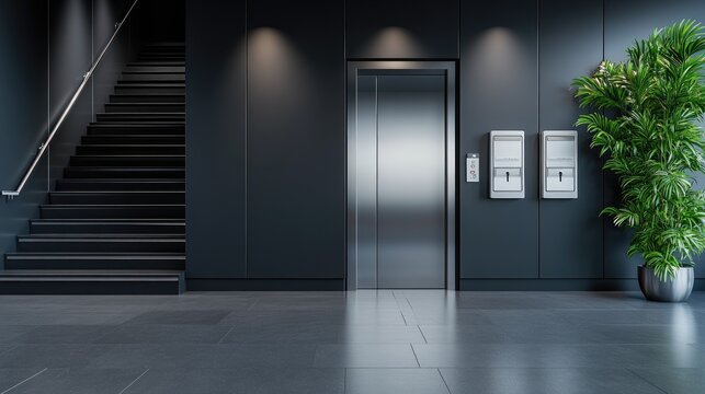 A stylish apartment entrance showcases sleek gray tiles, stairs leading to the elevator, and modern mailboxes for residents