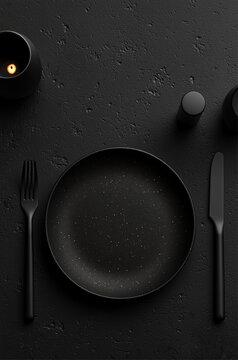 A sophisticated black plate set against a textured dark background.