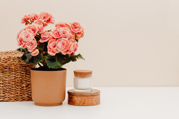 Home interior background, houseplant in pot, candle and wicker box at the background on the table with copy space