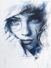 A detailed portrait capturing a woman's expressive blue eyes.