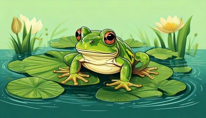 frog in the pond, frog on a water lily leaf, green frog on a leaf, green colors