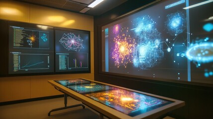 Quantum classroom with advanced learning tools and augmented reality interfaces displaying interactive quantum physics models