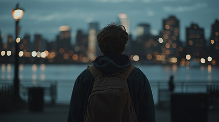 a young guy with a backpack stands against the backdrop of the embankment and the city, view from the back, blurred background with bokeh