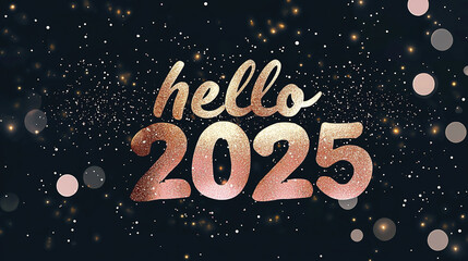 An elegant graphic design with the text 'hello 2025' in a sparkling style with bokeh lights. Perfect for New Year's greetings, cards, or festive backgrounds 
