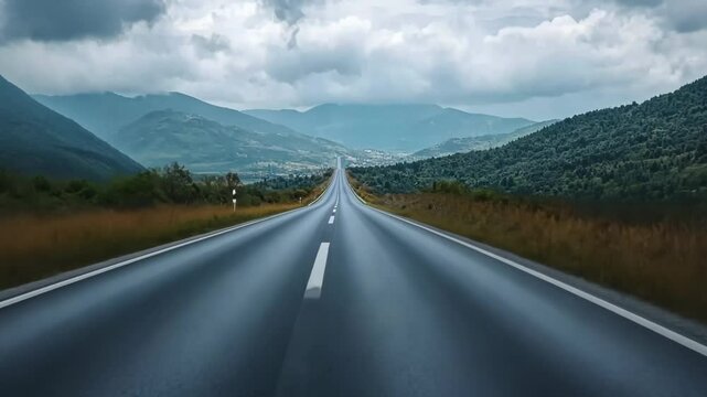 A long, empty asphalt road vanishes into a hazy mountain range under a cloudy sky.