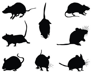Different black silhouettes of mouses on a white background