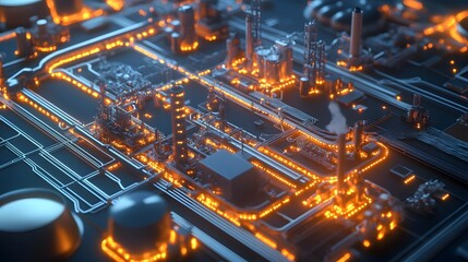 Obraz premium A 3D map showing the global energy infrastructure, with pipelines, power plants, and real-time stock market data for energy providers