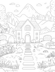 Obraz premium Charming house nestled in a picturesque mountain landscape. Stone pathway leads to the entrance, surrounded by lush greenery.