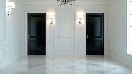 Luxurious hotel corridor showcases elegant decor, modern doors, and a stunning chandelier enhancing the sophisticated ambiance.