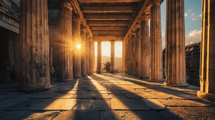 Fototapeta premium Sunset illuminating ancient Greek temple ruins.