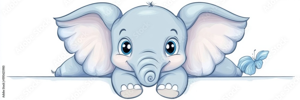 Poster cute blue elephant resting with a butterfly nearby in a whimsical setting full of charm. generative 