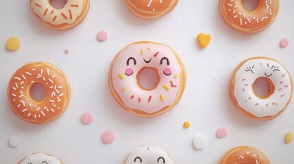 Fototapeta premium Delightful Colorful Donuts Pattern with Cute Faces and Decorative Sprinkles, Whimsical Background of Treats that Evoke Happiness and Joy, Perfect for Fun Projects
