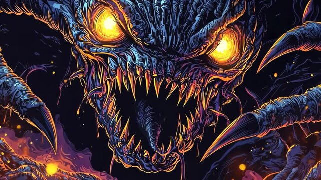 Glowing-Eyed, Fanged Monster Emerging from Lava