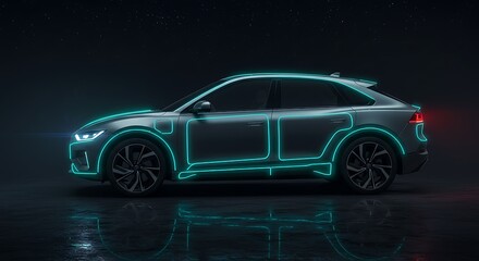 Fototapeta premium Futuristic neon-lit sleek car with glowing blue lines, concept for automotive innovation, technology and transportation design