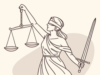 vector drawing of lady justice with scales and sword, blindfolded to signify unbiased judgment. ideal for legal, judicial, and law-related designs. classical representation of justice and fairness