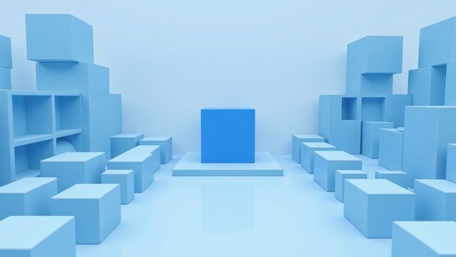 An intimate eye-level view reveals a striking blue cube centered on a white plinth, surrounded by an intricate maze of diverse 3D cubes in varying shades and forms, creating a dynamic geometric tablea