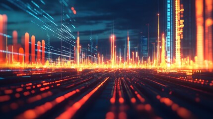 A financial analysis room with energy stock data, natural gas financial trends, and graphs, with a backdrop of pipelines and gas fields