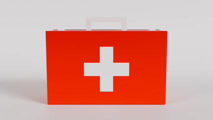 Obraz premium 3d rendering of a bright red first aid kit with a white cross, isolated on a clean white background. Ideal for illustrating themes of health, emergency preparedness, safety and medical assistance. 