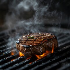 Detailed shot of a beef steak on a hot grill, with visible grill marks, flames and smoke creating a dramatic effect, gray black blurred backdrop