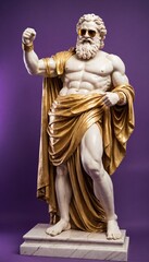 Greek marble statue of Zeus wearing sunglasses and gold shorts, giving a thumbs-up gesture against a purple background