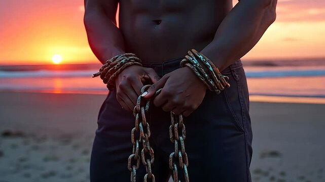 Man with Chains at Sunset on Beach, Concept of Slavery and Freedom