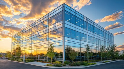 Modern glass office building at sunset. (1)