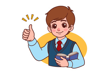 A student holding a book in one hand and raising a thumb up with the other hand.