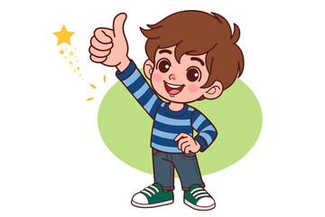 Like, yes. Toddler young teen boy raises thumbs up agrees with something or gives positive reply recommends advertisement likes good.