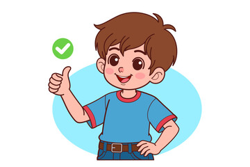reply recommends advertisement likes good.
The young boy smiling and raising thumb up. Cartoon People Vector Illustration.