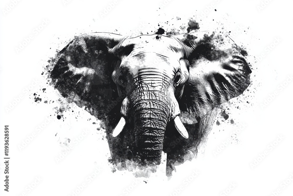 Poster majestic elephant illustration showcasing intricate details and artistic flair amidst bold splashes 