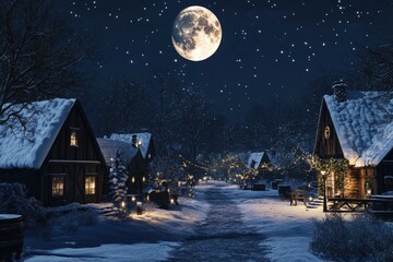 Naklejka premium Charming Christmas Village Under the Full Moon at the North Pole - A Serene Winter Night Scene